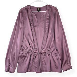 Amber Sun Satin Blouse Womens L Large Long Sleeve Drawstring Waist Dusty Pink